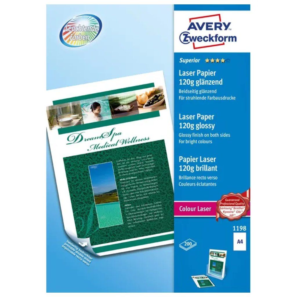Avery Carta Fotografica A4 Lucida per Laser, 120 g/m², 200 Fogli Avery Carta Fotografica A4 Lucida per Laser, 120 g/m², 200 Fogli