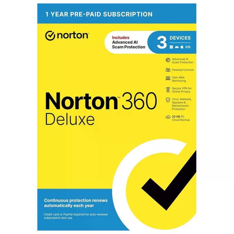 Norton 360 Deluxe Antivirus 3 Dispositivi, 12 Mesi, 25 GB Cloud