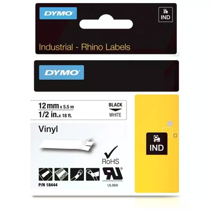DYMO Rhino 18444 Nastro Vinilico 12 mm x 5,5 m Nero su Bianco