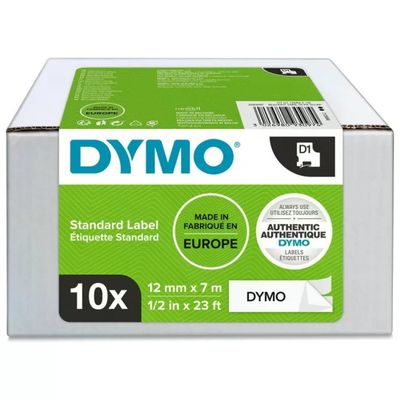 DYMO D1 Nastri per Etichettatrice, 12 mm x 7 m, Nero su Bianco, Confezione da 10