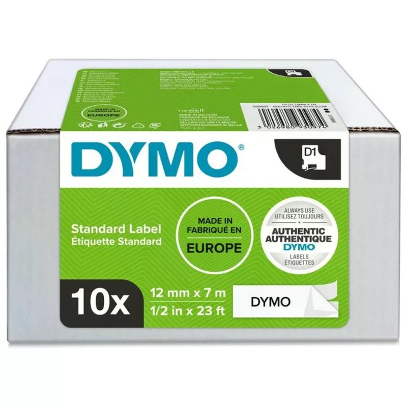 DYMO D1 Nastri per Etichettatrice, 12 mm x 7 m, Nero su Bianco, Confezione da 10