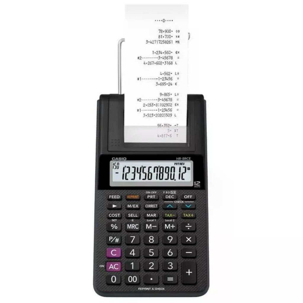 Casio HR-8RCE Calcolatrice Scrivente Portatile 12 Cifre, Nero