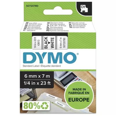 DYMO D1 Nastro per Etichettatrice Nero su Bianco, 6 mm x 7 m