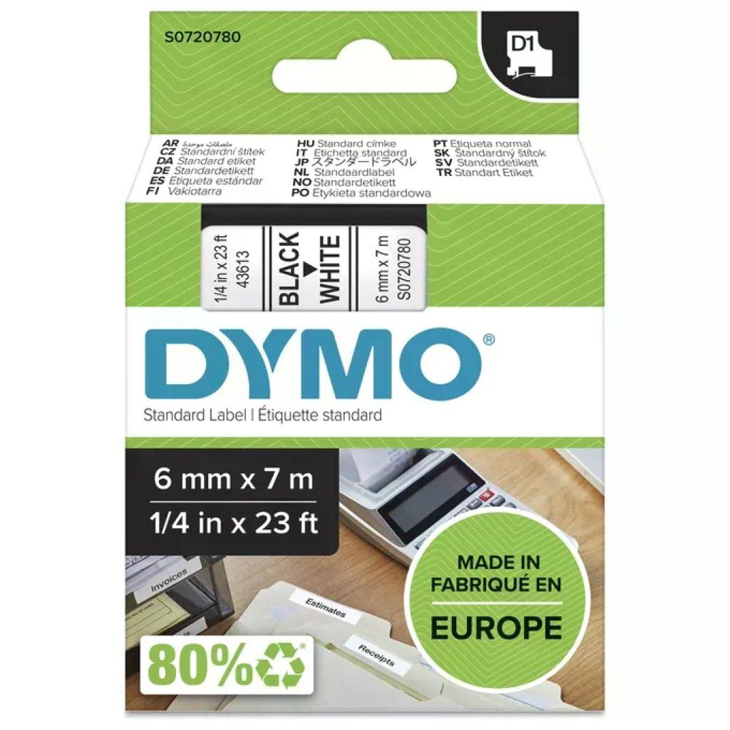 Dymo S0720780 D1 Nastro per Etichettatrice 6 mm x 7 m colore Nero su Bianco