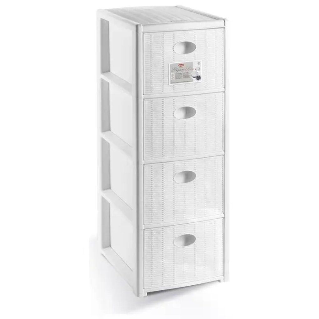 Stefanplast Elegance Slim Cassettiera a 4 Cassetti Effetto Rattan, Bianca, 30 × 40 × 80 cm