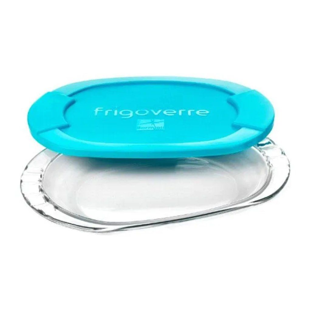 Bormioli Rocco Frigoverre Piatto Ovale in Vetro con Coperchio Azzurro, 27 x 19,4 cm