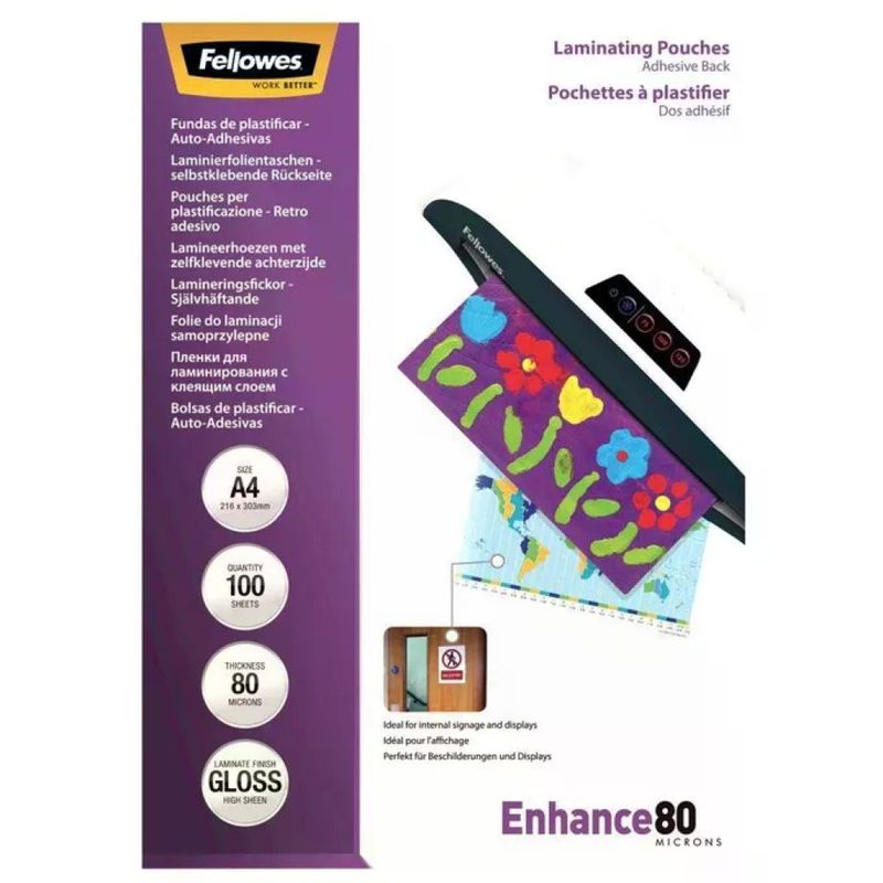Fellowes 5302202 – 100 pouches A4 adesive lucide, 80 micron
