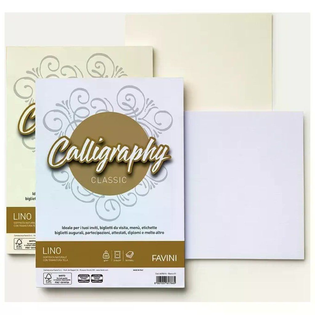 CARTOTECNICA FAVINI Favini Calligraphy Lino Cartoncini A4 Bianchi, 200 g/m², 50 Fogli