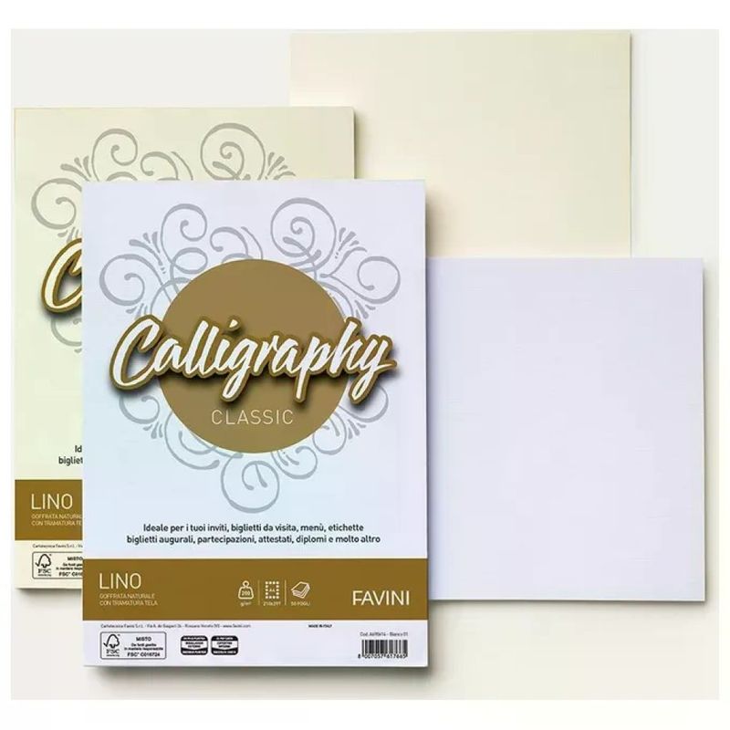 CARTOTECNICA FAVINI Favini Calligraphy Lino Cartoncini A4 Bianchi, 200 g/m², 50 Fogli