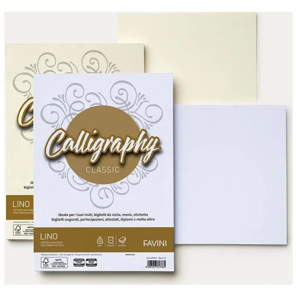 CARTOTECNICA FAVINI Favini Calligraphy Lino cartoncini A4 bianchi, 200 g/m², 50 fogli
