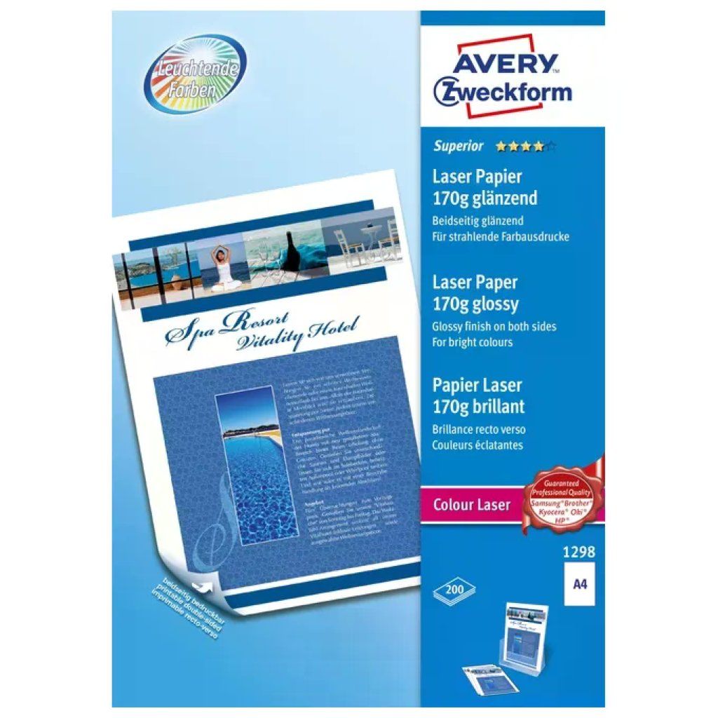 Avery 1298Z Carta Fotografica A4 Lucida Laser, 170 g/m², 200 Fogli