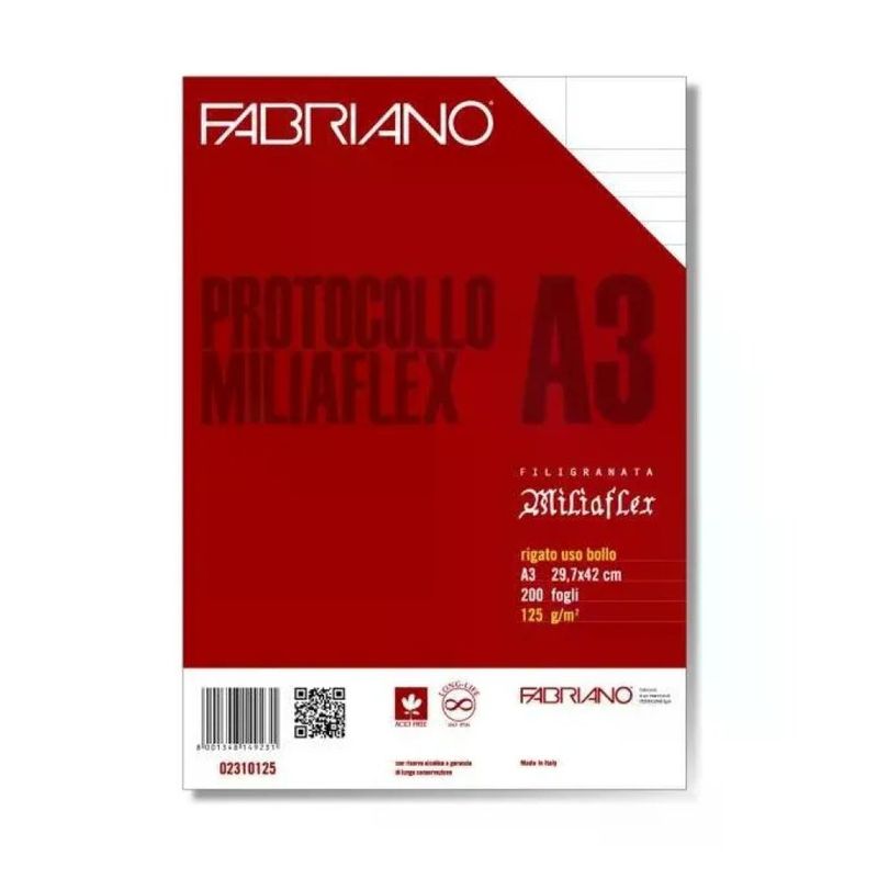 Fabriano Miliaflex Carta Protocollo Rigata Uso Bollo A3, 125 g/m², 200 fogli