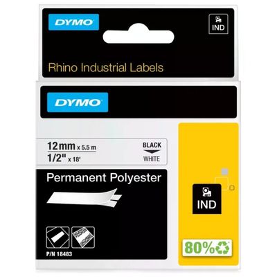 DYMO Rhino 18483 Nastro Permanente in Poliestere, 12 mm x 5,5 m, Nero su Bianco DYMO Rhino 18483 Nastro Permanente in Poliestere, 12 mm x 5,5 m, Nero su Bianco