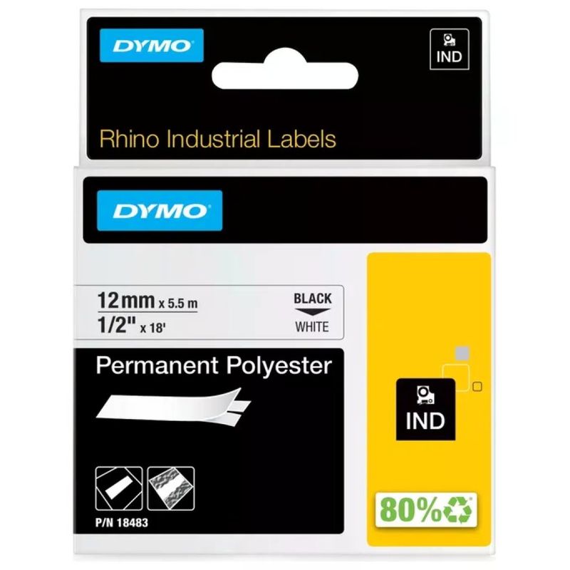 DYMO Rhino 18483 Nastro Permanente in Poliestere, 12 mm x 5,5 m, Nero su Bianco