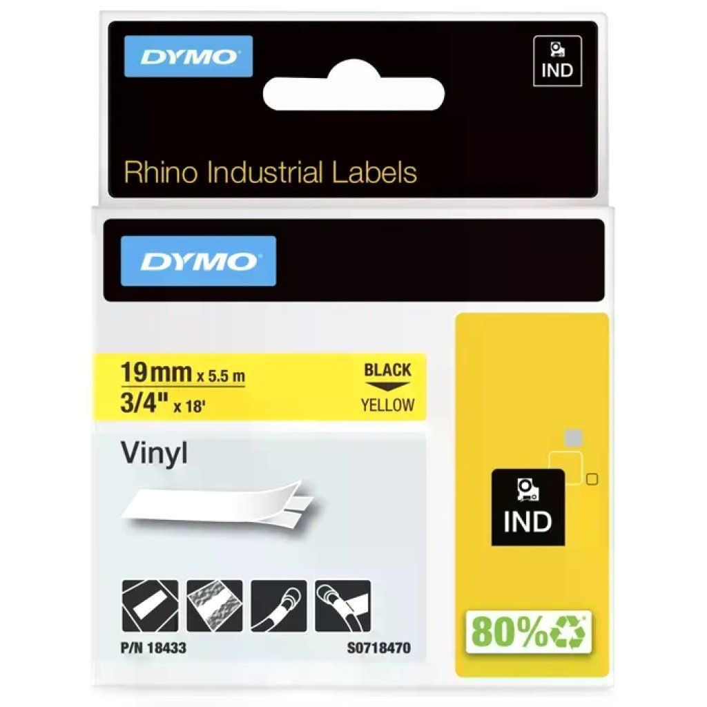 DYMO Rhino 18433 – 5 nastri in vinile giallo, 19 mm x 5,5 m DYMO Rhino 18433 – 5 nastri in vinile giallo, 19 mm x 5,5 m