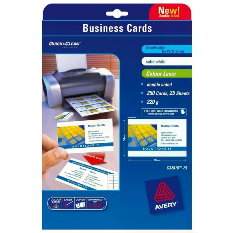 Avery Quick&Clean C32016-25 Biglietti da Visita Satinati, 85 x 54 mm, 250 pezzi