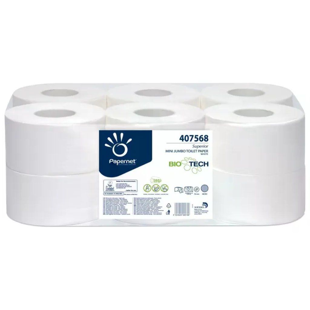 Papernet Bio Tech 407568 Carta Igienica Mini Jumbo, 12 Rotoli, 2 Veli, 405 Strappi
