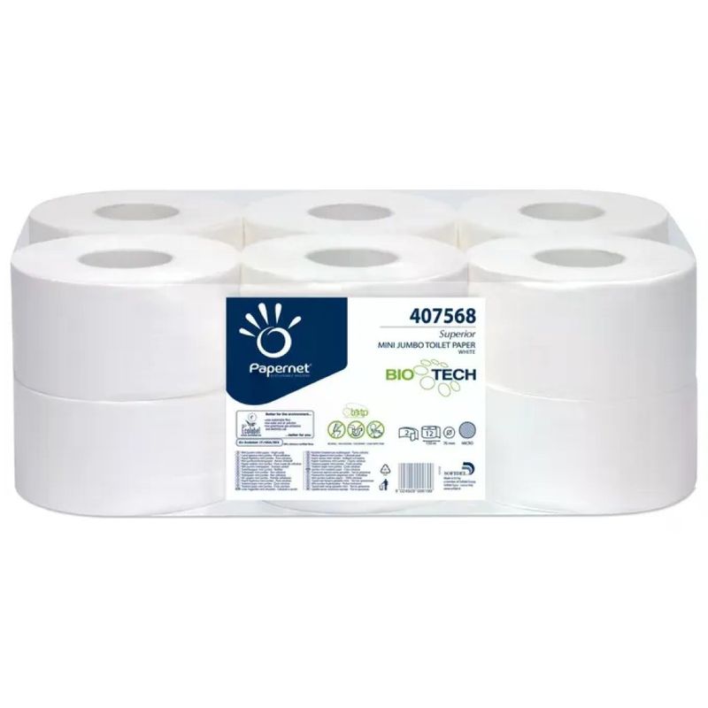Papernet Bio Tech 407568 Carta Igienica Mini Jumbo, 12 Rotoli, 2 Veli, 405 Strappi