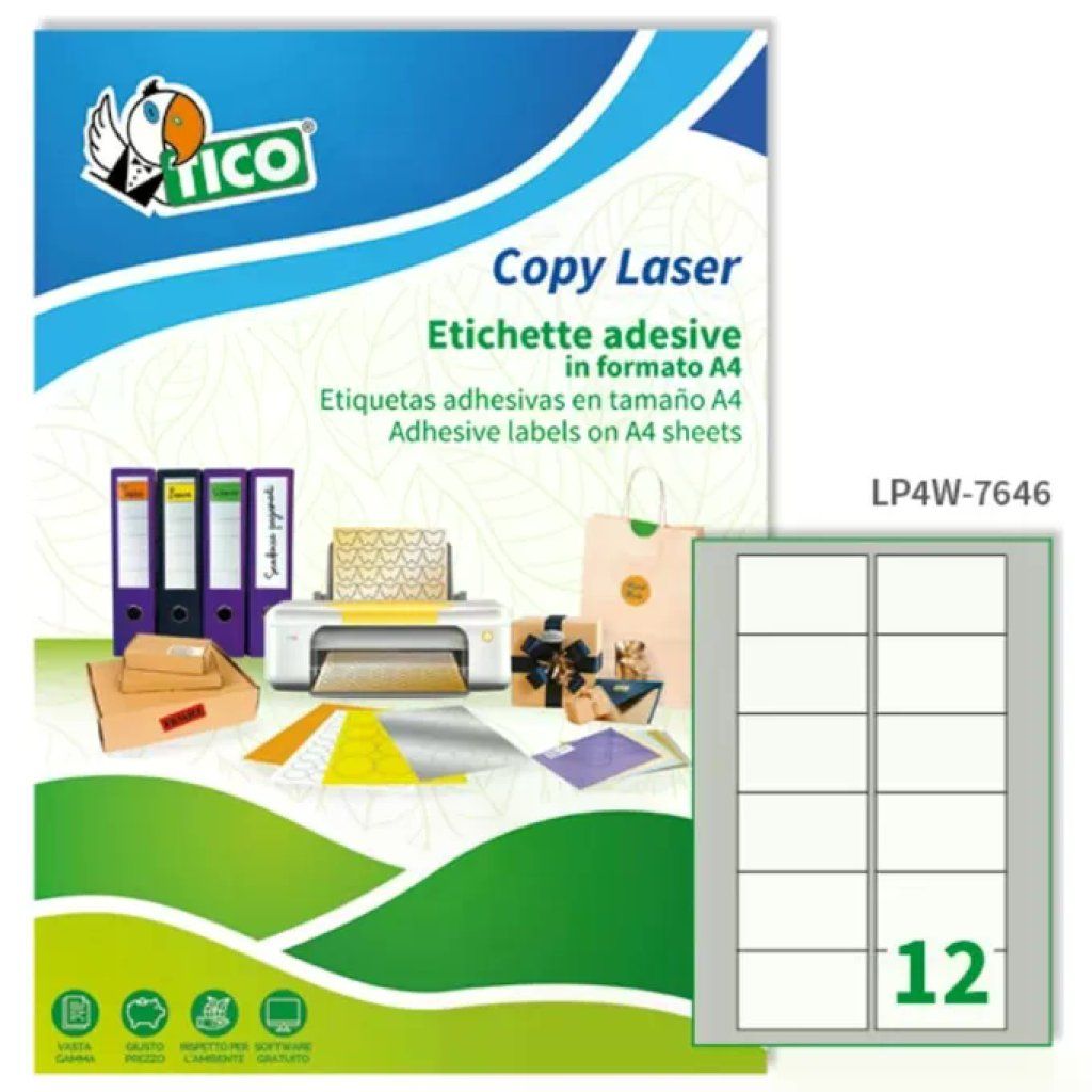 TICO Copy Laser Etichette Adesive Bianche A4, 76,2 × 46,4 mm, 12 per foglio, 100 fogli TICO Copy Laser Etichette Adesive Bianche A4, 76,2 × 46,4 mm, 12 per foglio, 100 fogli