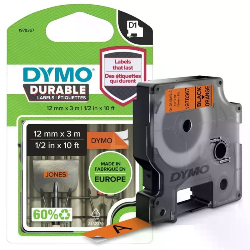 DYMO D1 Durable 1978367 Nastro in Vinile Nero su Arancione, 12 mm x 3 m