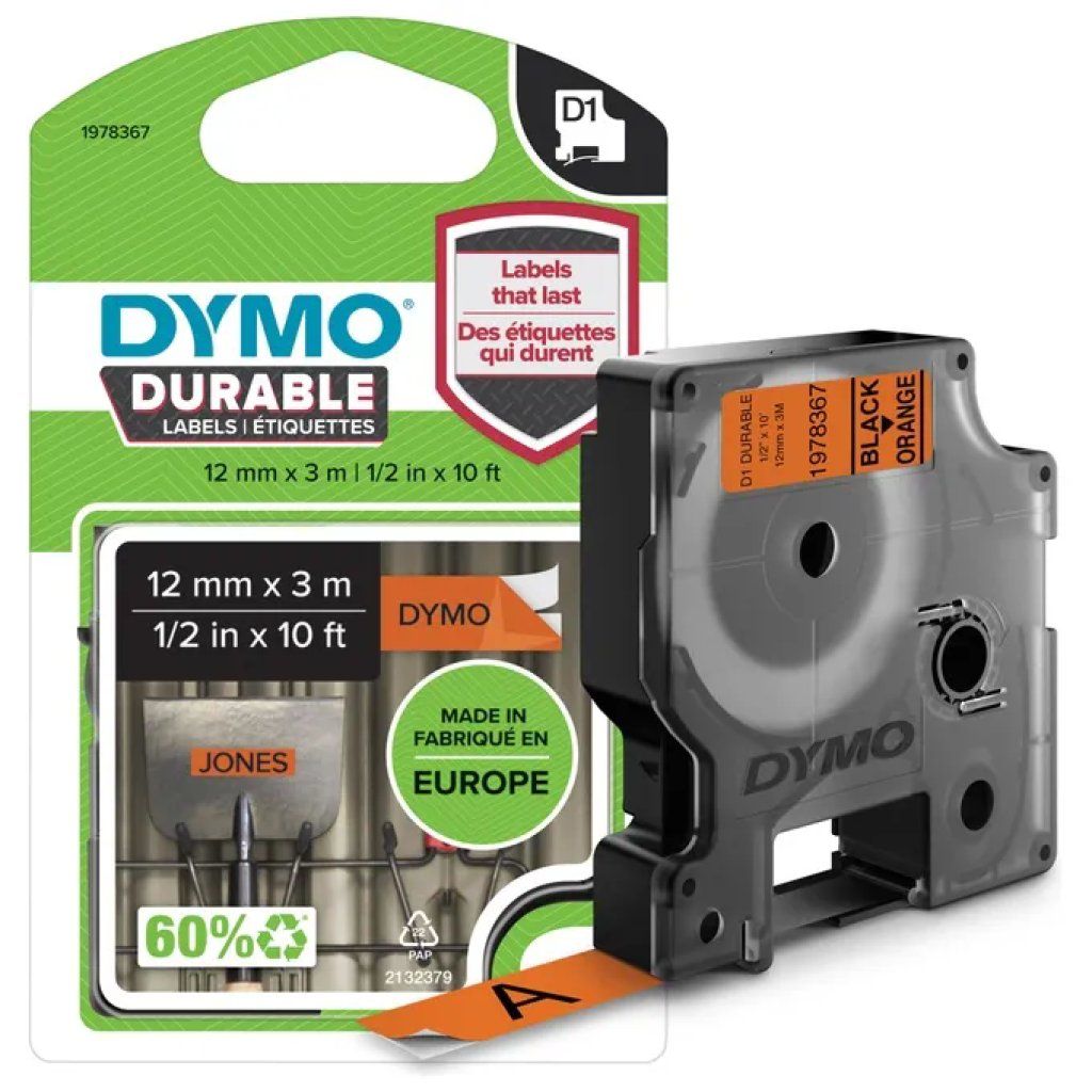 DYMO Nastro DYMO D1 Durable in vinile nero su arancione, 12 mm x 3 m DYMO Nastro DYMO D1 Durable in vinile nero su arancione, 12 mm x 3 m