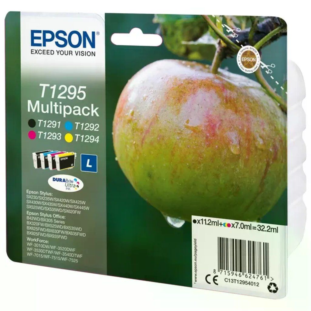 Epson C13T12954012 Serie Mela T1295 Multipack Cartucce Inkjet Originali DURABrite Ultra 4 Colori Nero Epson C13T12954012 Serie Mela T1295 Multipack Cartucce Inkjet Originali DURABrite Ultra 4 Colori Nero