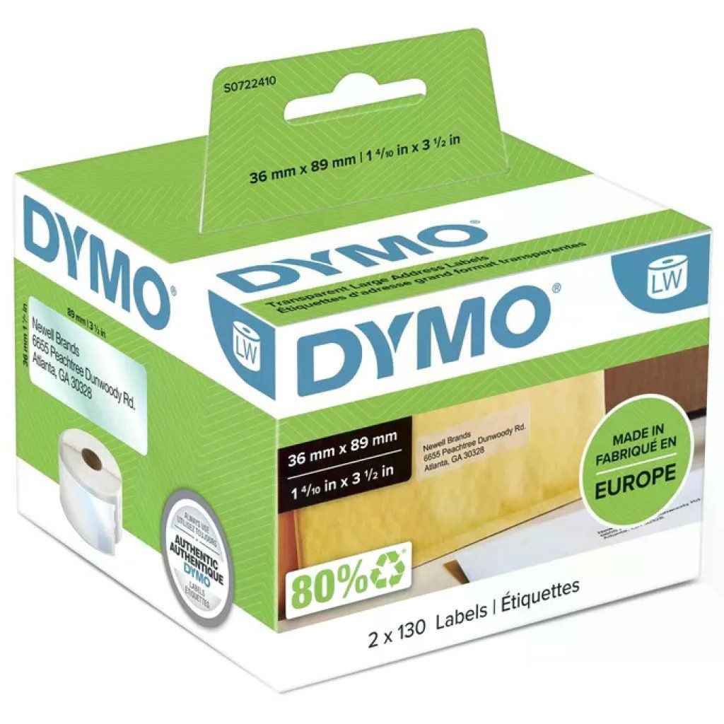DYMO S0722410 Etichette trasparenti per indirizzi, 36 × 89 mm, 260 pezzi