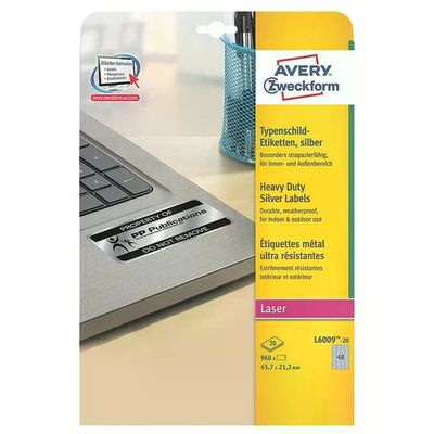 Avery L6009-20 Etichette Argento in Poliestere per Stampanti Laser, 45,7 × 21,2 mm, 960 Pezzi