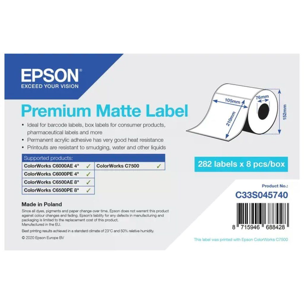 Epson Premium Matte – Rotolo di etichette adesive 105 × 210 mm, 282 pezzi Epson Premium Matte – Rotolo di etichette adesive 105 × 210 mm, 282 pezzi