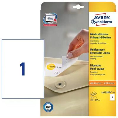 Avery Zweckform Etichette Rimovibili A4 Bianche, 25 Fogli