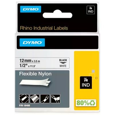 DYMO Rhino 18488 Nastro in Nylon Flessibile, 12 mm x 3,5 m, Nero su Bianco