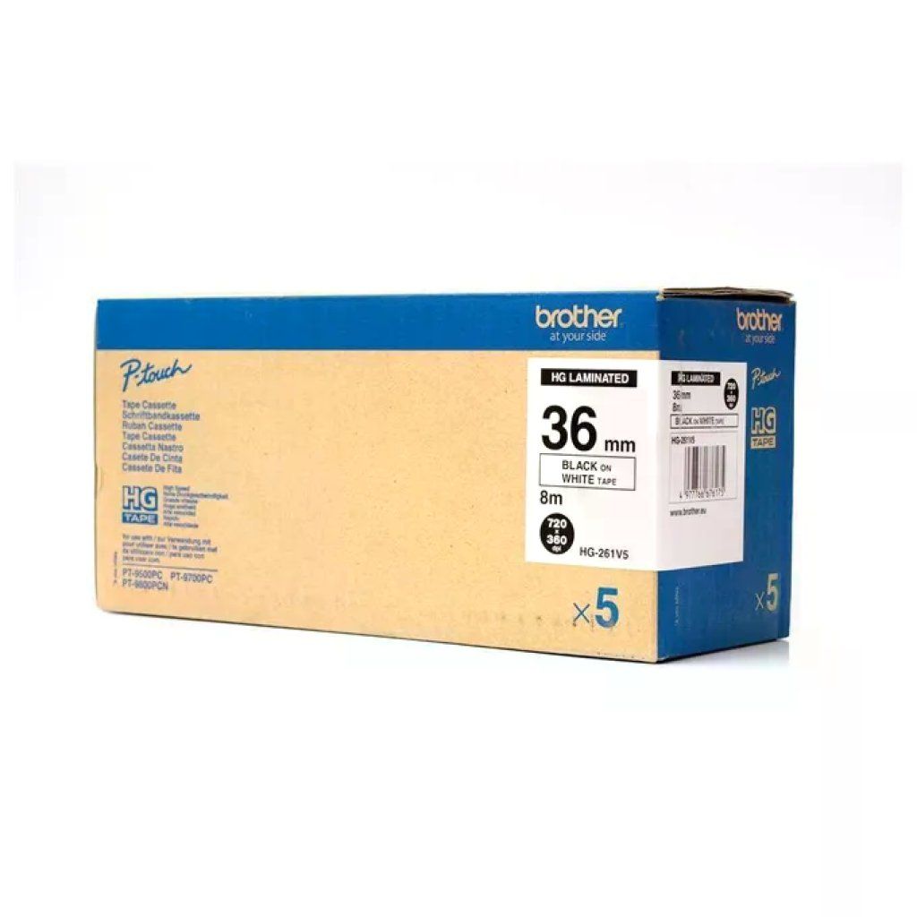 Brother HGe-261V5 Nastro Etichettatrice 36 mm Nero su Bianco, 5 Pezzi Brother HGe-261V5 Nastro Etichettatrice 36 mm Nero su Bianco, 5 Pezzi