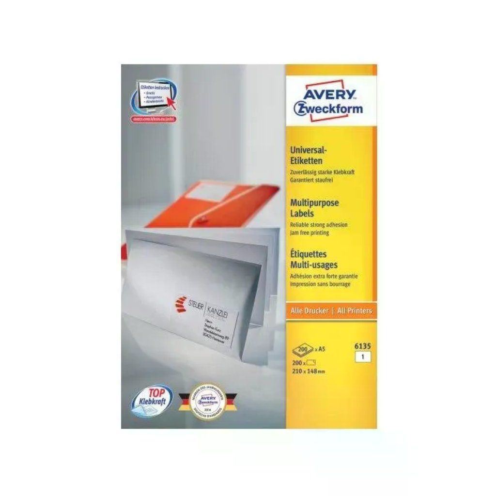 Avery 6135 Etichette Adesive A5 Bianche, 200 Fogli