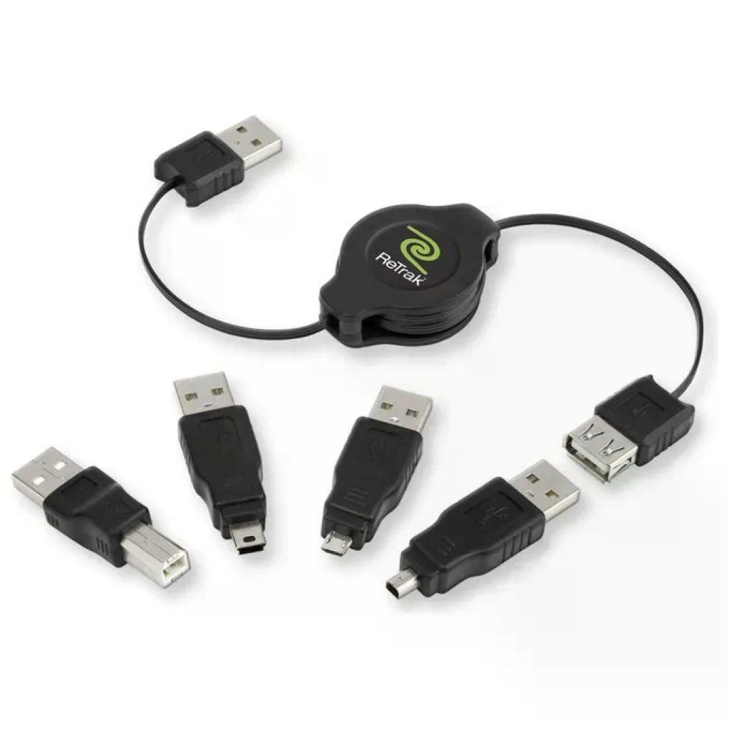 RETRAK Cavo USB Retrattile 1 m con Adattatori Intercambiabili, Nero RETRAK Cavo USB Retrattile 1 m con Adattatori Intercambiabili, Nero