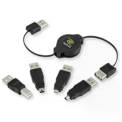 RETRAK Cavo USB Retrattile 1 m con Adattatori Intercambiabili, Nero