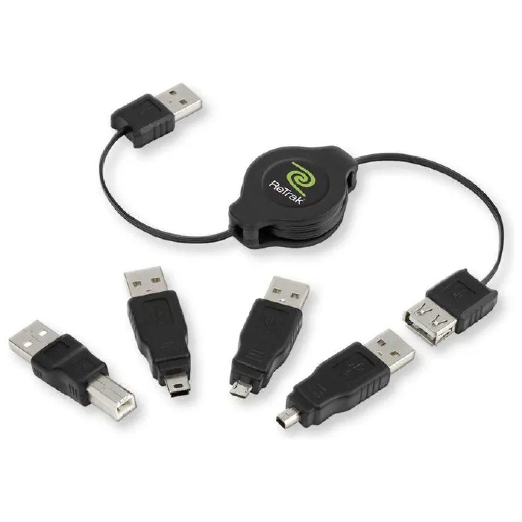RETRAK Cavo USB Retrattile da 1 m con Adattatori Intercambiabili, Nero