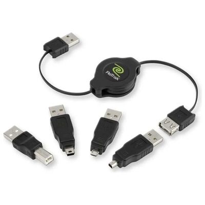 RETRAK Cavo USB Retrattile da 1 m con Adattatori Intercambiabili, Nero RETRAK Cavo USB Retrattile da 1 m con Adattatori Intercambiabili, Nero