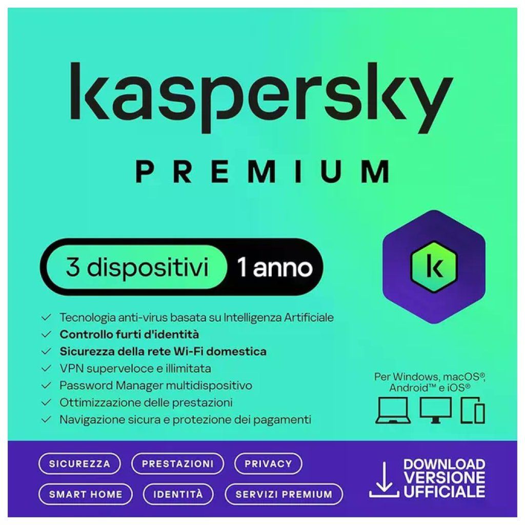 Kaspersky Premium – Sicurezza per 3 dispositivi, 1 anno, Superslimbox Kaspersky Premium – Sicurezza per 3 dispositivi, 1 anno, Superslimbox