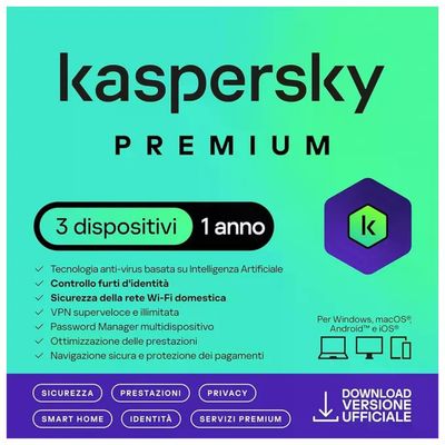 Kaspersky Premium – Sicurezza per 3 dispositivi, 1 anno, Superslimbox