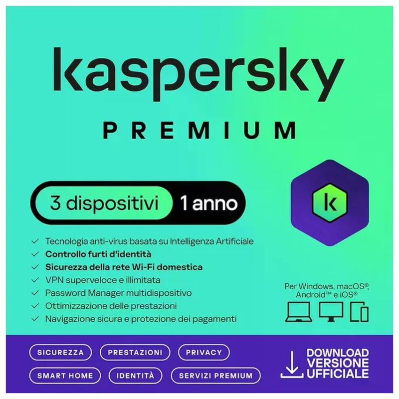 Kaspersky Premium – Sicurezza per 3 dispositivi, 1 anno, Superslimbox