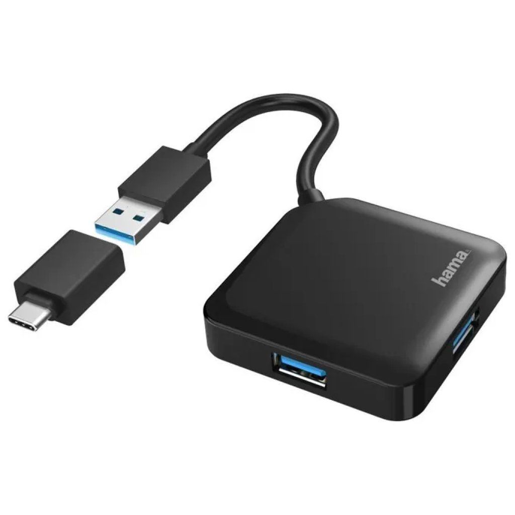 Hama 00200116 Hub USB 3.2 Gen 1 a 4 porte con adattatore USB-C, nero Hama 00200116 Hub USB 3.2 Gen 1 a 4 porte con adattatore USB-C, nero