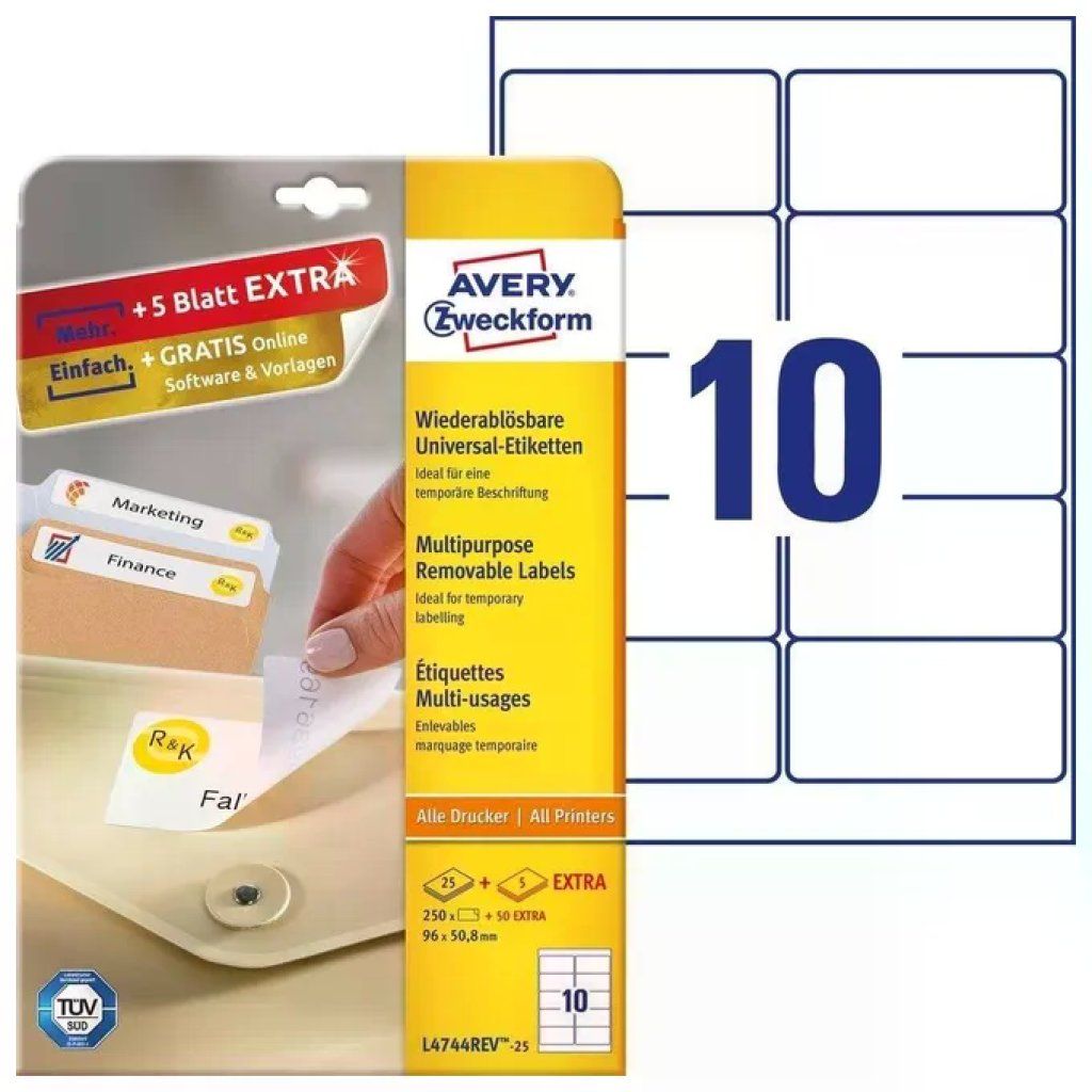 Avery L4744REV-25 Etichette Rimovibili 96 x 50,8 mm, 25 Fogli