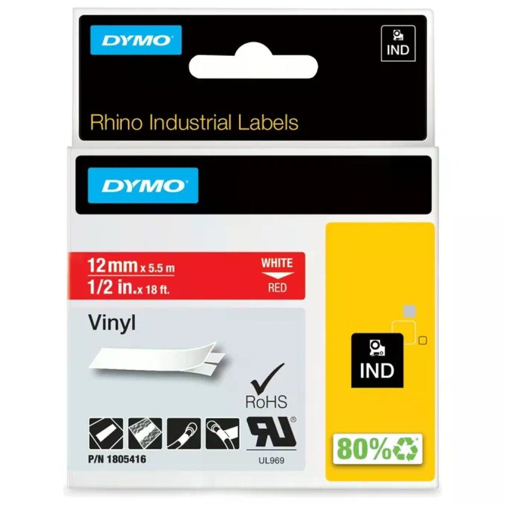 DYMO Rhino 1805416 Nastro Vinile Industriale 12 mm x 5,5 m Bianco su Rosso