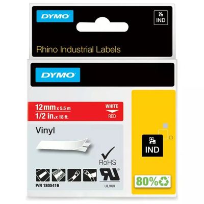 DYMO Rhino 1805416 Nastro Vinile Industriale 12 mm x 5,5 m Bianco su Rosso