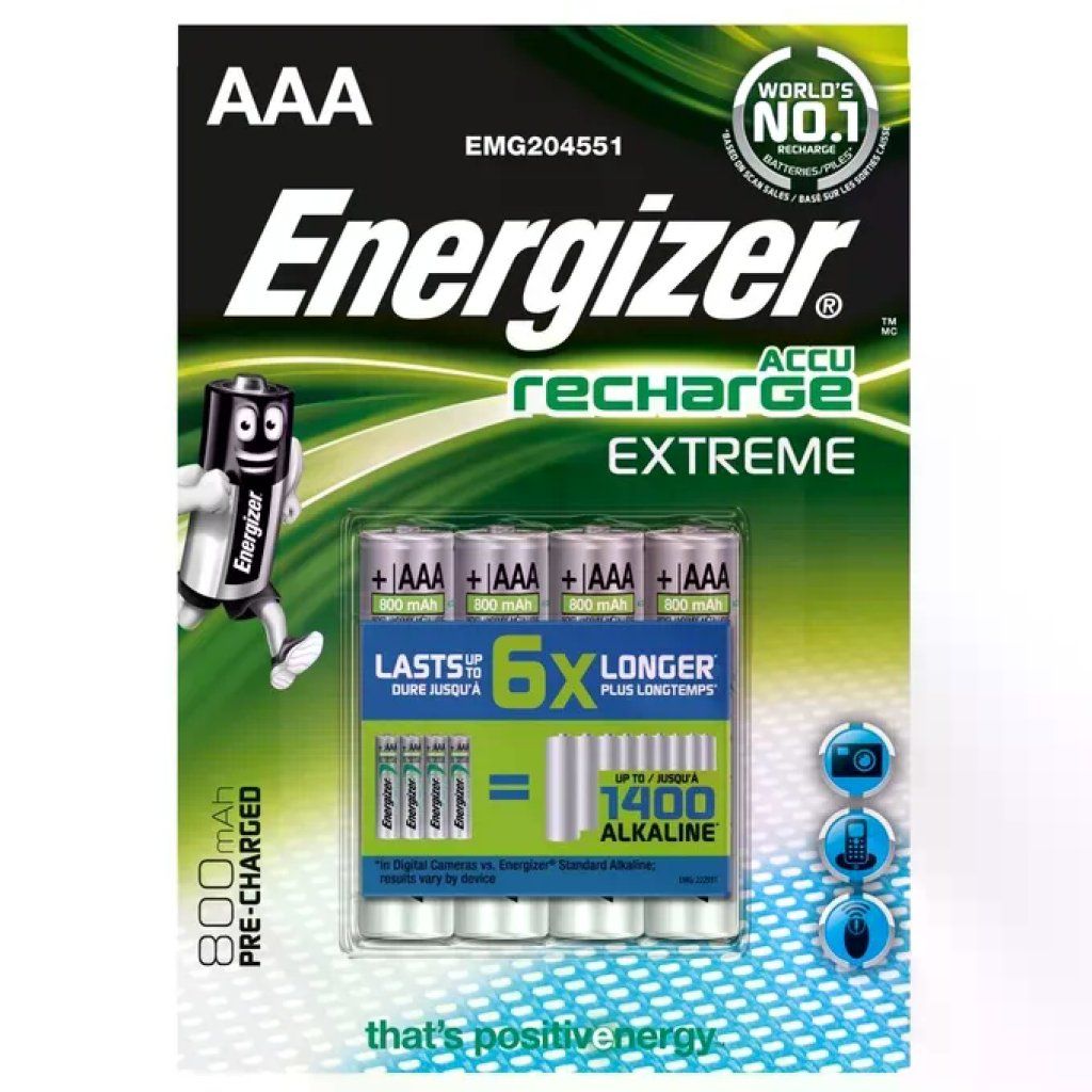 Energizer Recharge Extreme – 4 pile ricaricabili AAA 800 mAh Energizer Recharge Extreme – 4 pile ricaricabili AAA 800 mAh