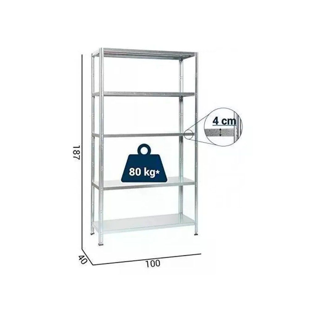 GRIMA Scaffale Zincato a Incastro 5 Ripiani, 100×40×186 cm, Portata 400 kg GRIMA Scaffale Zincato a Incastro 5 Ripiani, 100×40×186 cm, Portata 400 kg