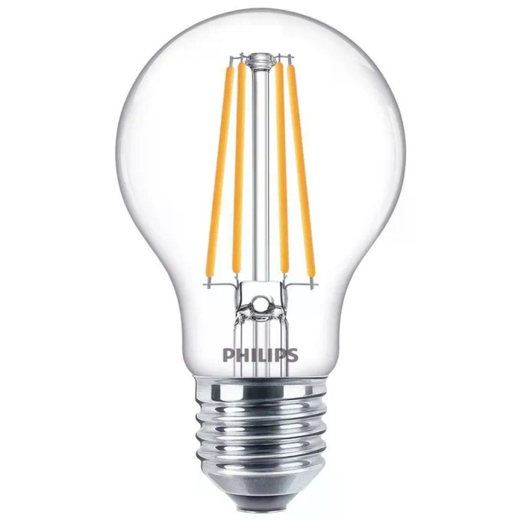 Philips Lampadina LED Filamento A60 E27, 8,5 W, 1055 lm, 2700 K, Trasparente, 3 pezzi