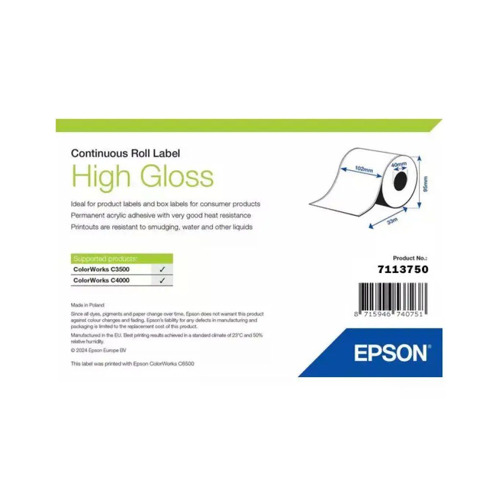 Epson 7113750 Etichette Adesive Lucide in Rotolo Continuo, 10,2 cm x 33 m