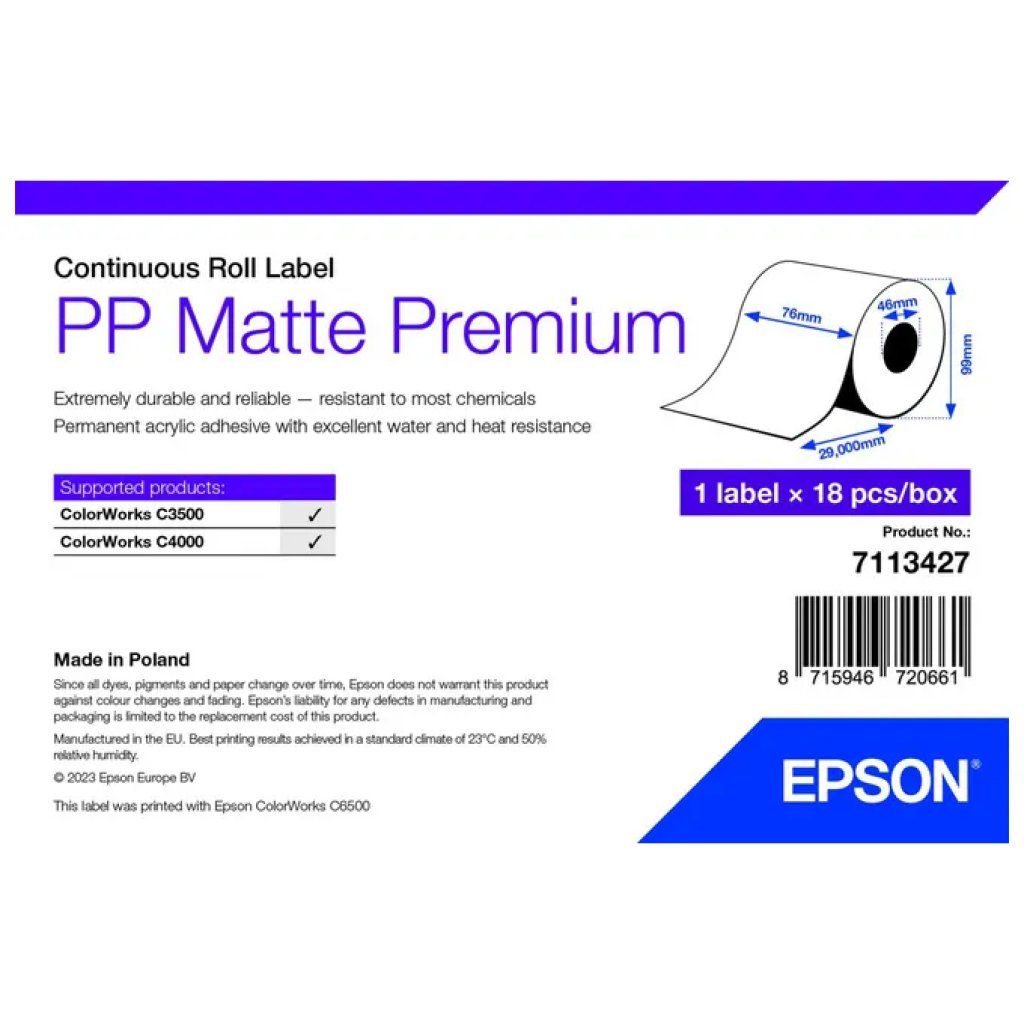Epson 7113427 Rotolo Etichette Premium Opache in PP Bianco, 76 mm x 29 m