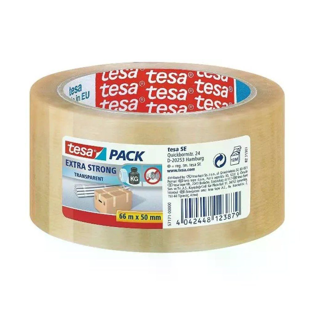TESA Tesapack Extra Strong – Nastro da imballaggio in PVC trasparente, 66 m x 50 mm, confezione da 6